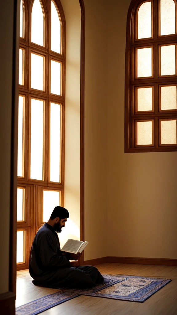 a Muslim man sitting solemnly in a quiet and bright room. He was holding the Koran with his right hand and was reading it fervently. The soft light from the window highlighted his calm and solemn face. The room's minimalist backdrop adds focus to the spiritual moment."