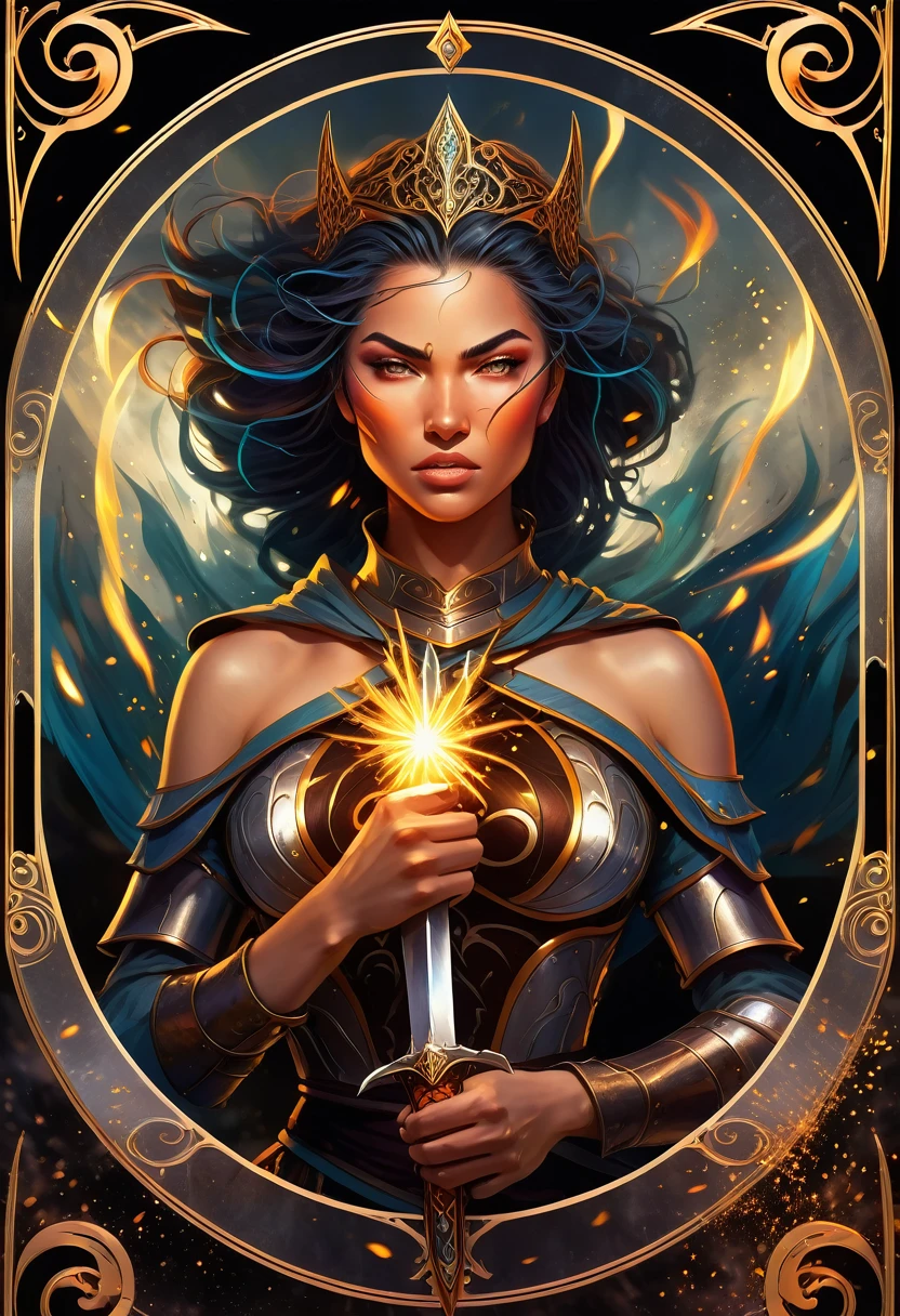 female knight, powerful aura, unleashing a slash, dynamic pose, glowing energy, intense expression, detailed armor, fantasy setting, battle scene, vibrant colors, magic, flowing hair, epic, fierce, shining sword, action, dramatic lighting, high contrast, sparks, mystical, warrior, heroic, ethereal, enchanted, strong, determined, anime style, intricate design, motion blur, radiant, fierce battle, medieval fantasy, power, dramatic, swirling energy