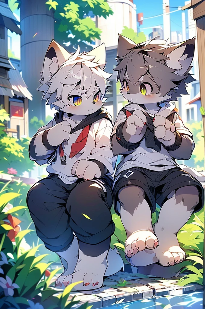 (Dagashi: 1.1), break, masterpiece, High resolution, 8K, Detailed Background, high quality, break, break, ((ライトブルーのfur, Gray Hair, black sclera, Yellow Eyes, fluffy, 細かいfur)) fur, break, male, humanoid, Shorts, Swim trunks