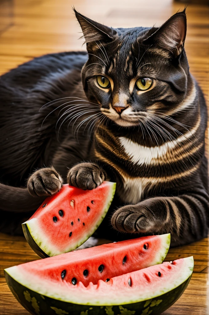 Cat eating watermelon