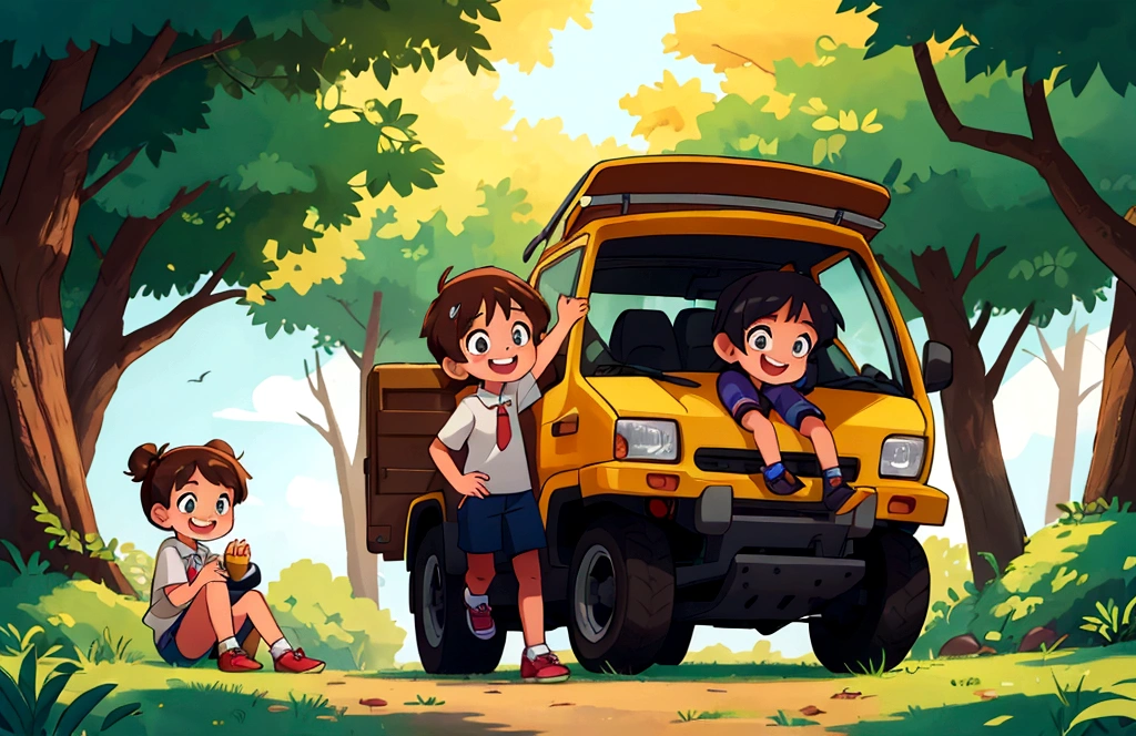 Two 10-year-old boys,Two 10-year-old girls,In nature,smile