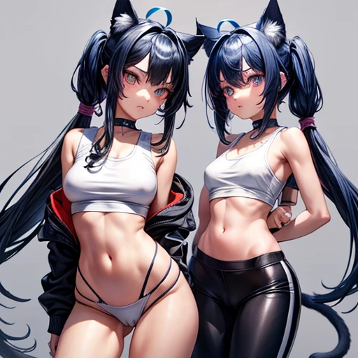 masterpiece,One girl,alone ,Heart-shaped pupils,Open the front,hoodie,, Static Restraints,Exposing her breasts Dark blue hair girl, Cat ears and tail, Wearing a tank top and racing pants. body type Twin tails Female genitalia is visible Detailed depiction of female genitalia Flat Chest Stern expression With legs apart