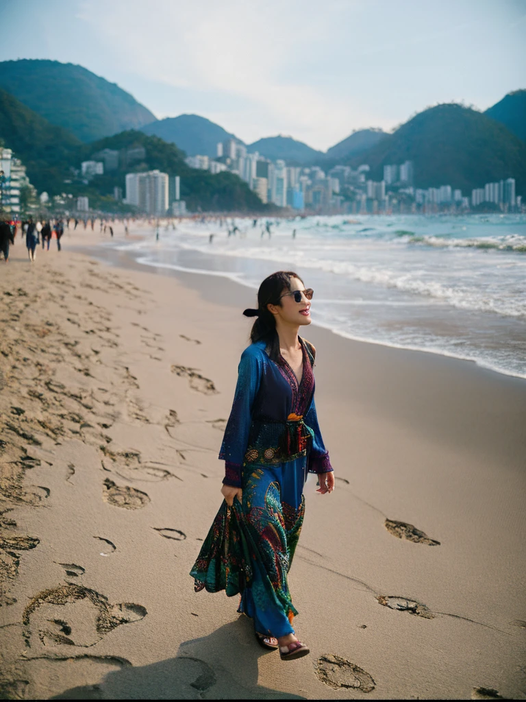 An Asian woman walking along Copacabana beach in Rio de Janeiro 