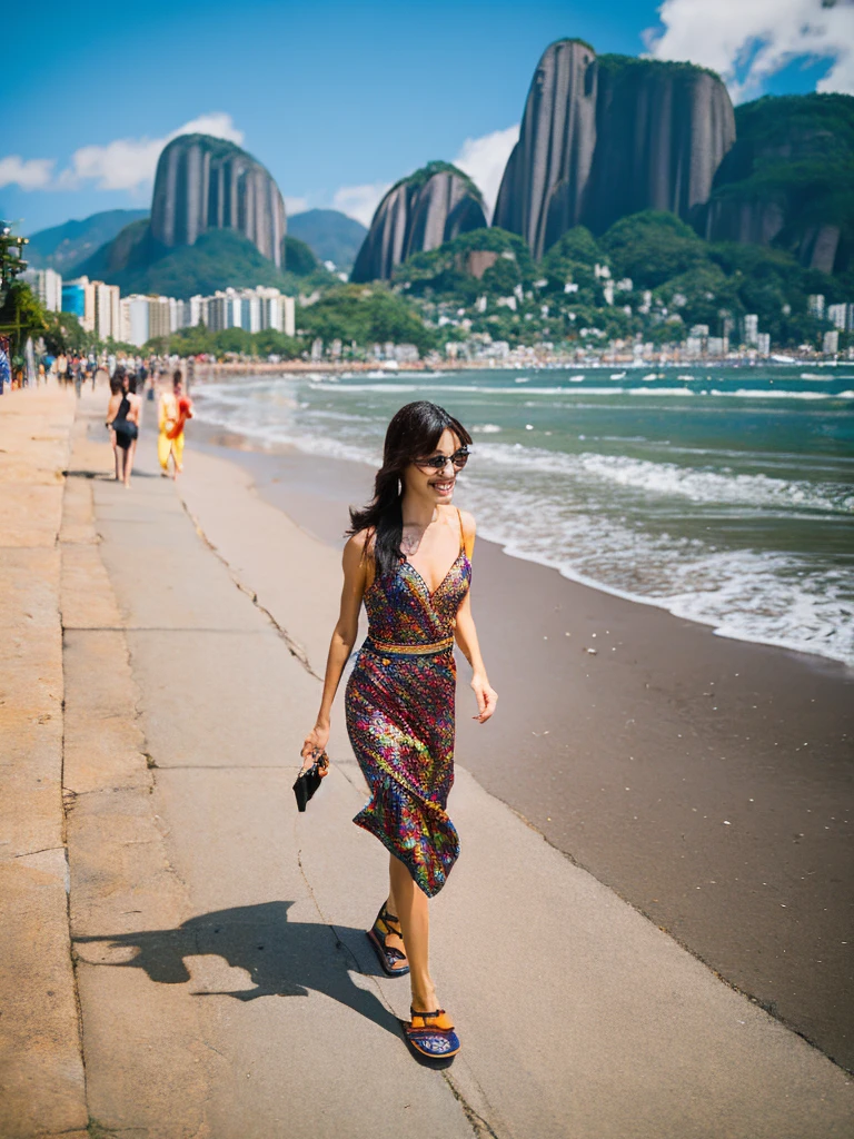 An Asian woman walking along Copacabana beach in Rio de Janeiro 