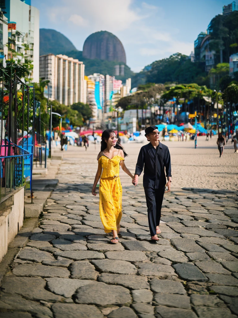An Asian woman walking along Copacabana beach in Rio de Janeiro