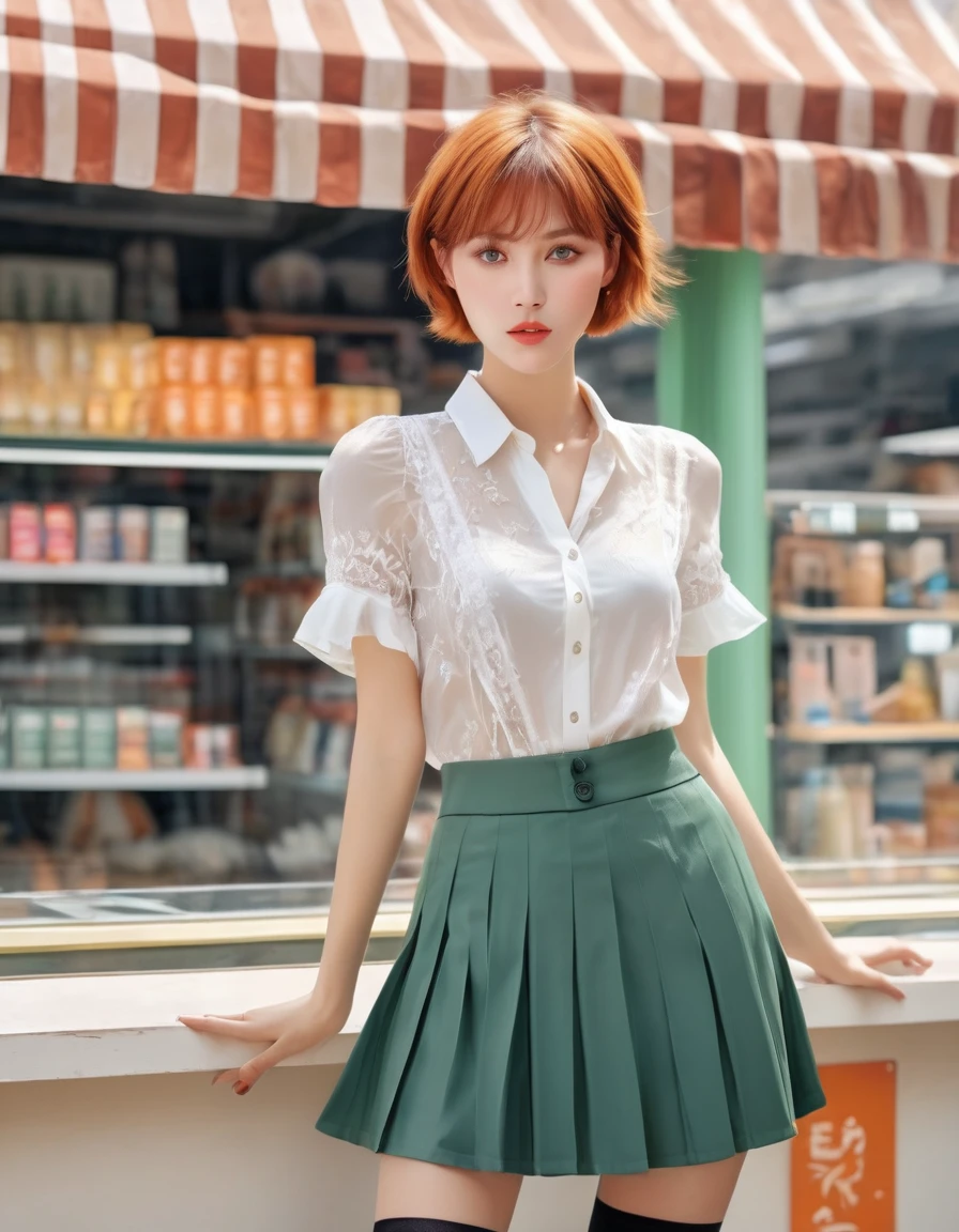 (best quality, 4k, Masterpiece, Ultra detailed, hyperrealism, RAW), Super beautiful girl, light green eyes, (Orange hair, short hair), standing with legs apart looking at the horizon, full and perfect body, Transparent blouse , Buttoned up, perfect body, ((short pleated skirt)), stockings, standing in the entrance of PAN store,