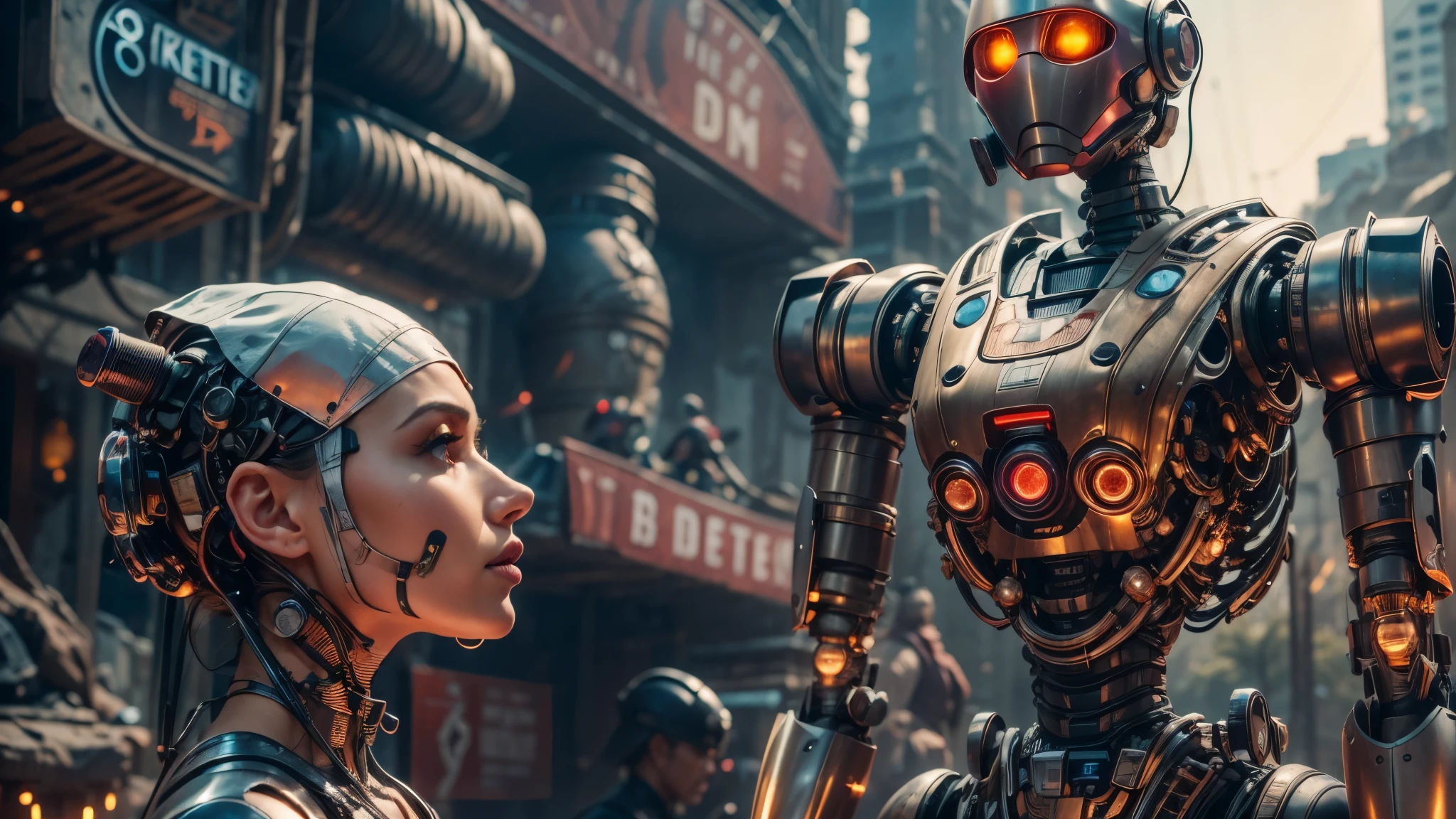 there are two robots that are standing next to each other, machines and futurist robots, death and robots, robot cyborgs, dieselpunk cyborgs, cyber steampunk 8 k 3 d, humanoid robots, still from alita, movie still of aztec cyborg, futuristic robots, from a 2 0 1 9 sci fi 8 k movie  