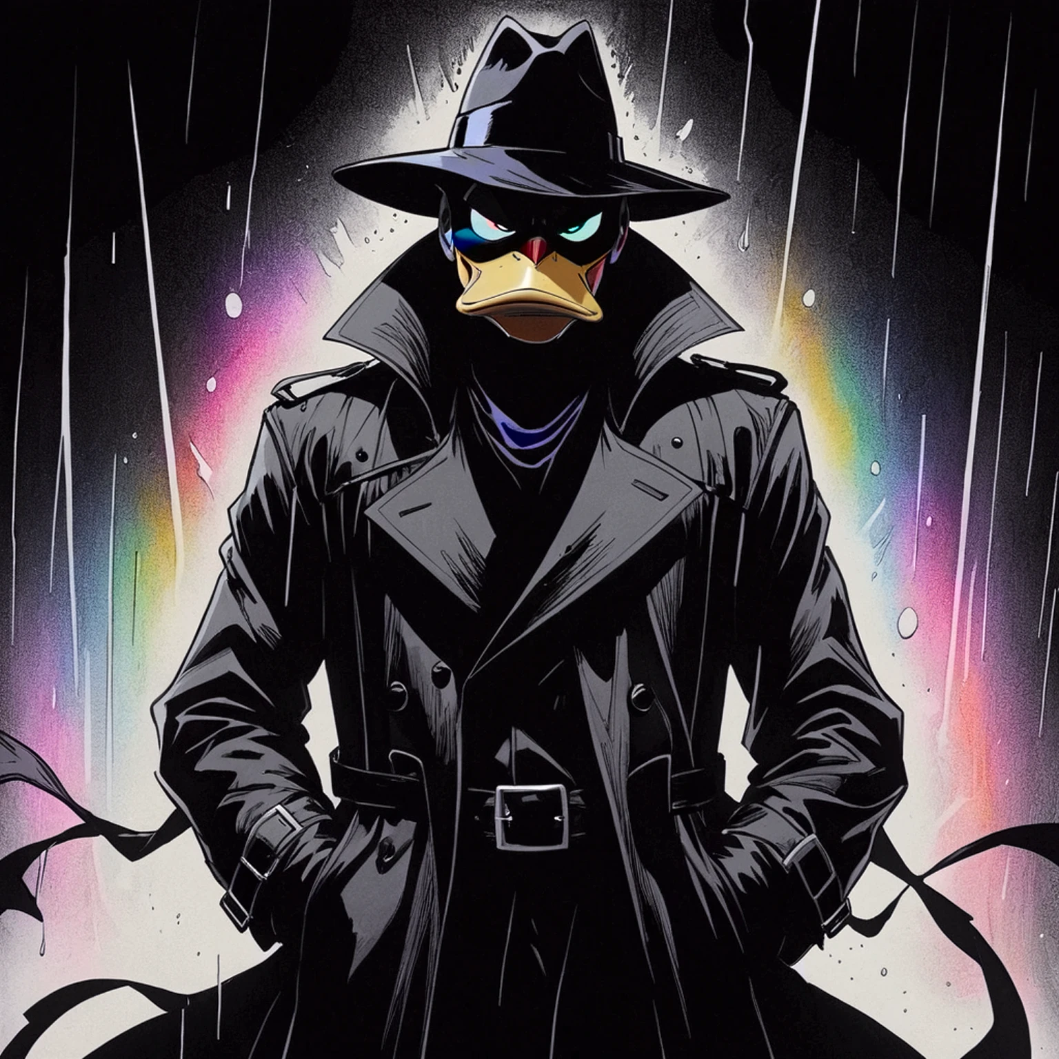  VHS, glitch, distorted, nostalgia, 90's retro vibes, analog tape, vcr aesthetics, tv, television, hand drawn, (full roygbiv color) ink charcoal expressive illustration, no light source, darkness, light mask uv rays across face, splash page, cinematic, darkwing duck wearing black trenchcoat, abyss black void coat, shades of darkness, no light source, hand drawn, animated, rotoscope, consuming insatiable darkness black trenchcoat