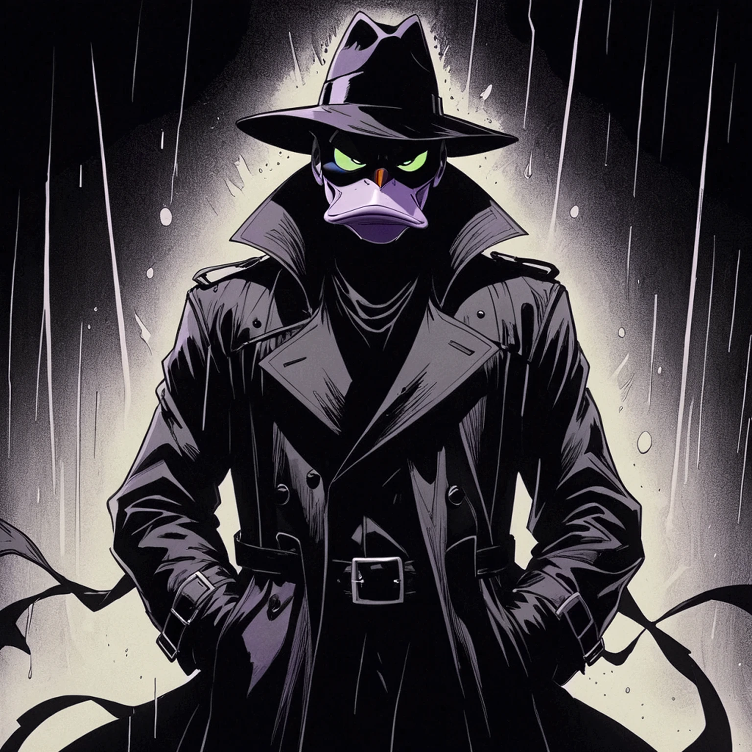 VHS, glitch, distorted, nostalgia, 90's retro vibes, analog tape, vcr aesthetics, tv, television, hand drawn, (full roygbiv color) ink charcoal expressive illustration, no light source, darkness, light mask uv rays across face, splash page, cinematic, darkwing duck wearing black trenchcoat, abyss black void coat, shades of darkness, no light source, hand drawn, animated, rotoscope, consuming insatiable darkness black trenchcoat