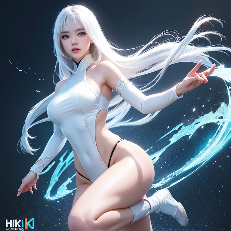 A beautiful Korean girl, white long hair with bangs, icy blue eyes, pale white skin, wearing a white skimpy ninja suit, video game style, mortal kombat style, (best quality,4k,8k,highres,masterpiece:1.2),ultra-detailed,(realistic,photorealistic,photo-realistic:1.37),extremely detailed face and eyes, beautiful detailed lips, longeyelashes, detailed facial features, dynamic action pose, complex detailed background, cinematic lighting, vibrant colors, dramatic shadows