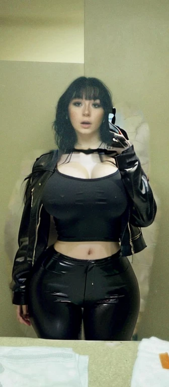 arafed woman taking a selfie in a mirror with a cell phone, with pale skin, she looks like a mix of grimes, goth girl aesthetic, 1 7 - year - old goth girl, looks like a mix of grimes, goth aesthetic, pale goth beauty, looks a blend of grimes, very very very pale white skin, resembling a mix of grimes, Big tits, huge , no clothes, sexy, cute, wide hips, thick thighs, pear-shaped body, minimal clothes, thick, bbw, chubby stomach, thick nipples, nipple piercings, large areola, hard nipples, piercing through shirt, nipples hard through shirt, busty, major cleavage, naked, ripping through top, spilling over sides, bra too tight, giant , dominatrix, dominatrix clothes, revealing clothes, ass so fat you can see it from the front