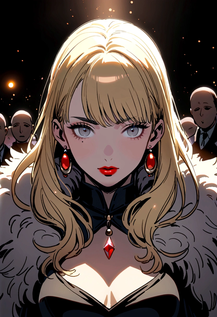 Niseu, One girl, Black background, Blonde, Mouth closed, Earrings, Fur trim, Grey Eyes, Have, highlight, jewelry, big Have, Particles of light, Long Hair, Looking at the audience, Mixed language commentary, Mole, Mole, nostril, born, Red lips, Shadow face, Shadow, The perfect background for people, alone, Upper Body, witch Have,People are placed on the right