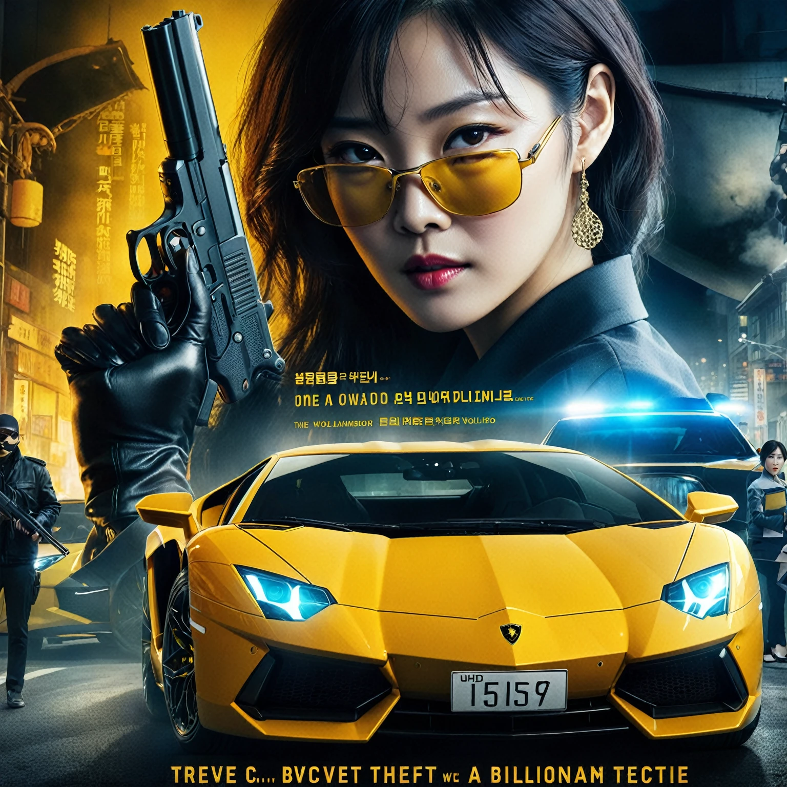 a poster for the movie's first korean drama, the woman with the gun, facing at the camera, Yellow Lamborghini Aventador luxury car theft case, a car owned by a billionaire, thieves, detective, uncover theft, special secret agent, investigate, key character poster, 2024 korean action thriller film noir, promotional movie poster, cinematic action film, futuristic action film, concept art, futuristic abstract background, UHD 1536px, realistic human, photorealistic, high quality.