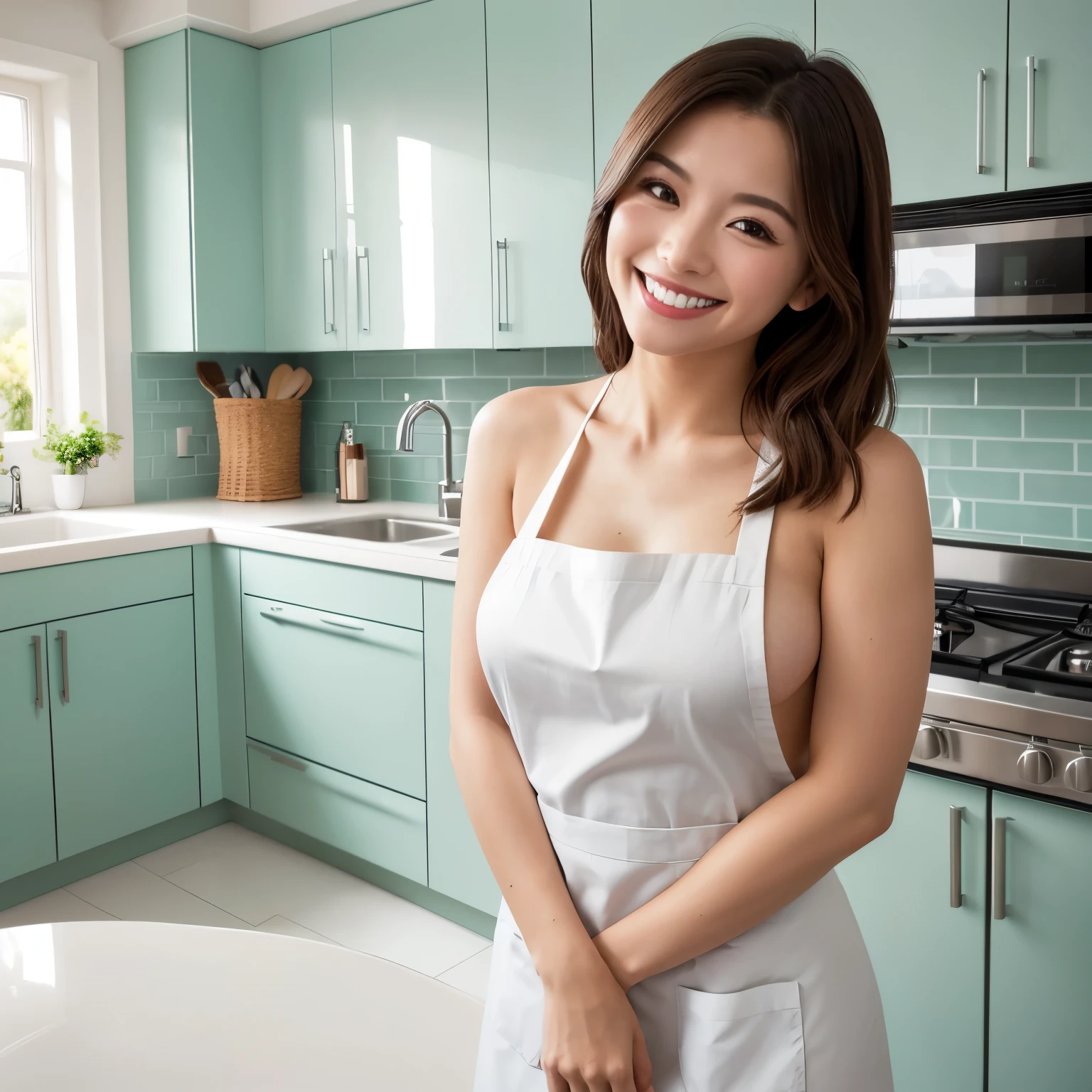 (table top、highest quality、8K、Award-winning work、ultra high resolution)、one beautiful woman、(wearing the most natural and perfect apron:1.1)、(naked apron:1.2)、(Look at me with your best smile:1.1)、(Show your beautiful teeth and have the best smile:1.1)、perfect beautiful teeth、emphasize body line、(bust up photo:1.1)、(upper body photo:1.2)、(big breasts:1.1)、(The most natural and practical kitchen:1.1)、(Perfectly organized and clean kitchen:1.1)、(modern and elegant kitchen:1.1)、(Perfect kitchen with state-of-the-art induction:1.1)、(Beautiful modern kitchen with a unified feel:1.1)、(very bright:1.2)、(Very bright and glowing skin:1.1)、It's very vivid、the most vivid、High chroma、radiant beautiful skin、A refreshing and beautiful perfect window、ultra high resolutionのperfect beautiful teeth、(Ultra high definition glossy skin:1.1)、(very brightly lit、明るい and glowing skin:1.2)、Super high-definition sparkling eyes、(accurate anatomy:1.1)、(the most elegant and perfect posture:1.1)、short hair
