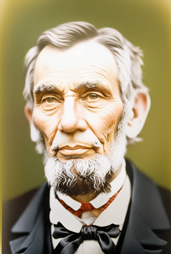 There's a man with a beard and bow tie, a fullcolor photo, fullcolor photo, fullcolor photograph, fullcolor, portrait of Abraham Lincoln, Abraham Lincoln, hand painted, daguerreótipo fullcolor, tone mapped william-adolphe, fullcolor 1 9 0 4 photo, historical portrait, fullcolor photon, fullcolor background, award winning fullcolor photo, grainy and damaged photo