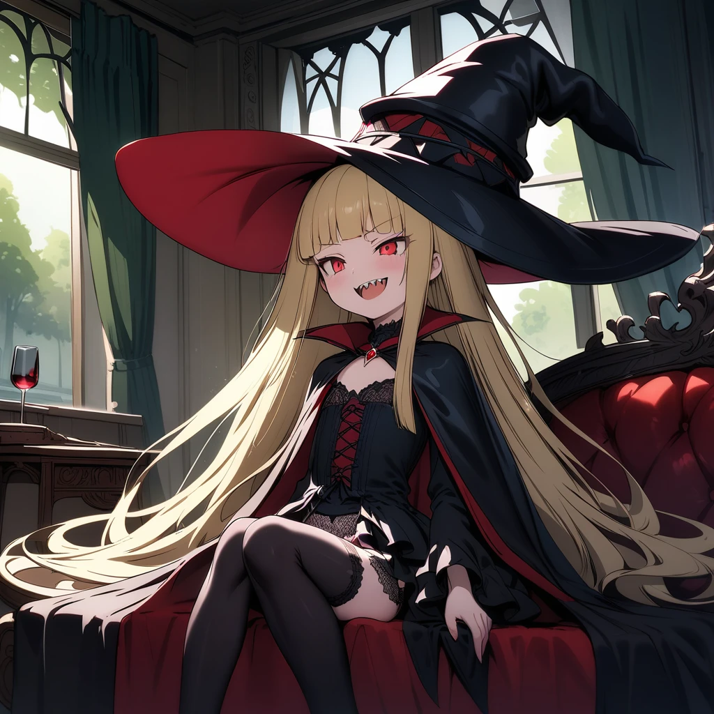 (masterpiece),(best quality),very aesthetic,(ultra-detailed),(illustration),(degenerate),nsfw,1girl,10 years old,vampire,witch,europian,slender,red alluring eyes,tsurime,(blonde hair,very long hair,blunt bangs,straight hair),flat chest,sharp teeth,(squinting eyes:0.7),condescending look,open mouth,smirk,doyagao,An elegant gothic lolita black dress,toxic bloody colored lace panties,black thighhighs,(pointy witch hat),high heels,(vampirecape,cape,cloak),inroom,reclining on couch,knees up,Sunlight shining through the window,forest landscape,curtains flutter in the wind,Lascivious atmosphere,fantasic atmosphere,Old furnishings,holding a wine glass,dark fantasy,wind,cowboy shot