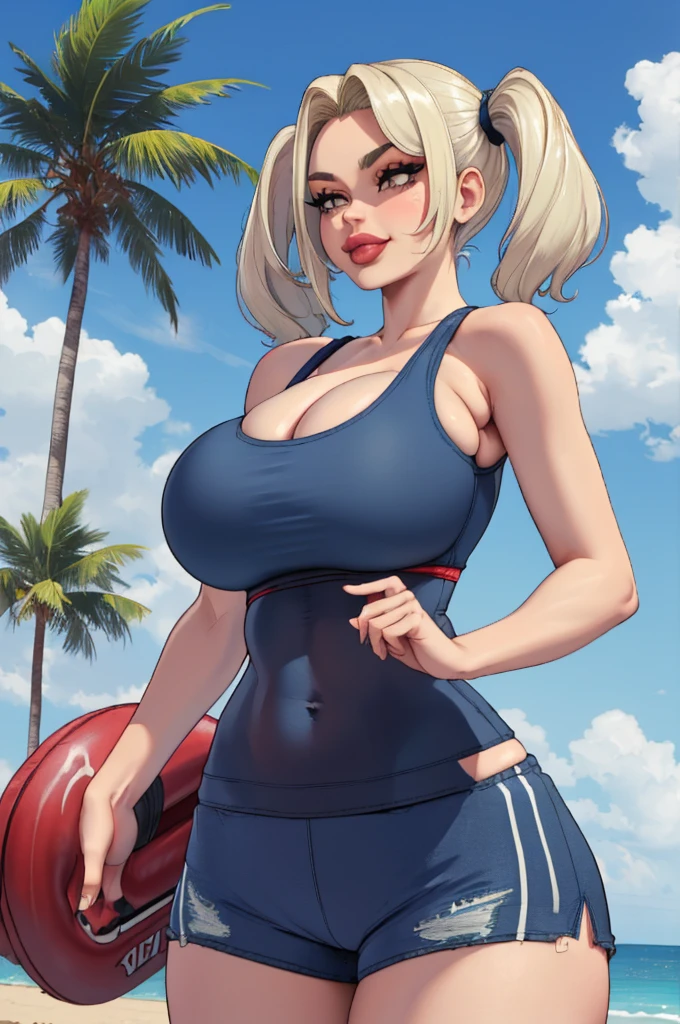 slim asian, long hair, twintails, blonde hair, side swoop, pale skin, brown eyes, pouting lips (smile), red lipstick (bimbo lips), slim waist, perky breasts ((giant breasts:1.4)), thick thighs, sleeveless, ((navy blue tank top)), midriff, ((blue shorts)) sportswear shorts, ((hands on hips)), bent over (buttocks), looking at viewer, at the beach, palm trees, cowboy shot ((masterpiece, curvilinear, 8K))