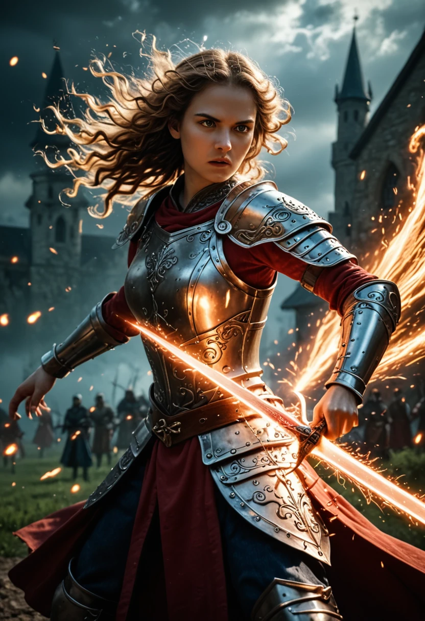 female knight, powerful aura, unleashing a slash, dynamic pose, glowing energy, intense expression, detailed armor, fantasy setting, battle scene, vibrant colors, magic, flowing hair, epic, fierce, shining sword, action, dramatic lighting, high contrast, sparks, mystical, warrior, heroic, ethereal, enchanted, strong, determined, anime style, intricate design, motion blur, radiant, fierce battle, medieval fantasy, power, dramatic, swirling energy