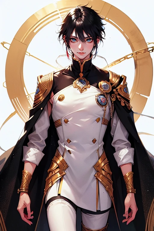 1 male (tall man, slim, manly, dominate, messy black-haired, wearing a sci-fi space outfit.) best quality, ultra-detailed, illustration, complex, detailed, extremely detailed, detailed face, soft light, soft focus, perfect face, illustration, full body pose, tight outfit. 