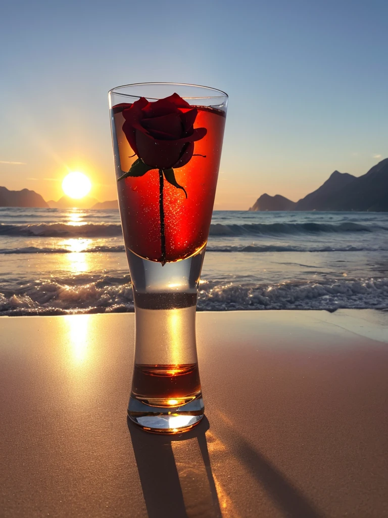 The sun reflected in the crystal glass on the beach, Mountain々Against the backdrop of, Regular classic shaped glasses, Opened from above, Under, Next to the glass, It is a red rose, High-quality, realistic photos