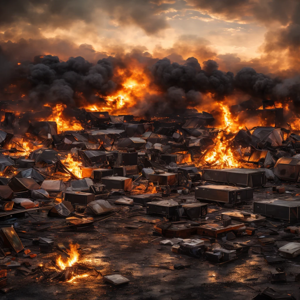 super high quality, (8k, RAW photos, realistic), detailed and smooth depictions and striking and dynamic painting methods, exaggerated depictions, damaged concert stages: damaged sound systems, sound system boxes, and tents that explode in flames . dimly lit musing concert background, people are watching the fire.