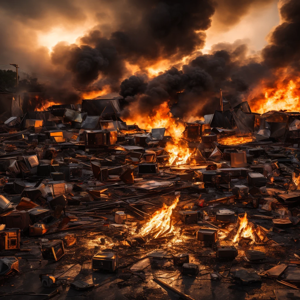 super high quality, (8k, RAW photos, realistic), detailed and smooth depictions and striking and dynamic painting methods, exaggerated depictions, damaged concert stages: damaged sound systems, sound system boxes, and tents that explode in flames . dimly lit musing concert background, people are watching the fire.