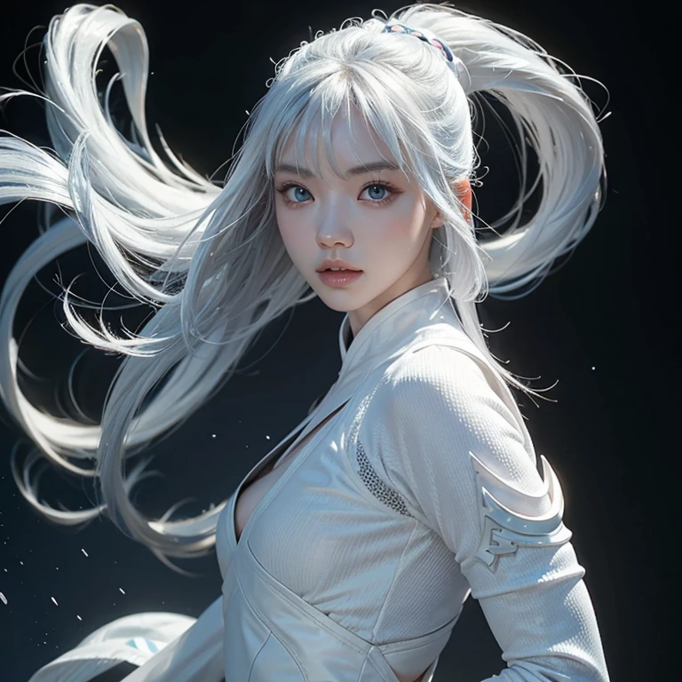 Korean girl, white long hair with bangs, icy blue eyes, white skin, white skimpy ninja suit, video game style, mortal kombat style