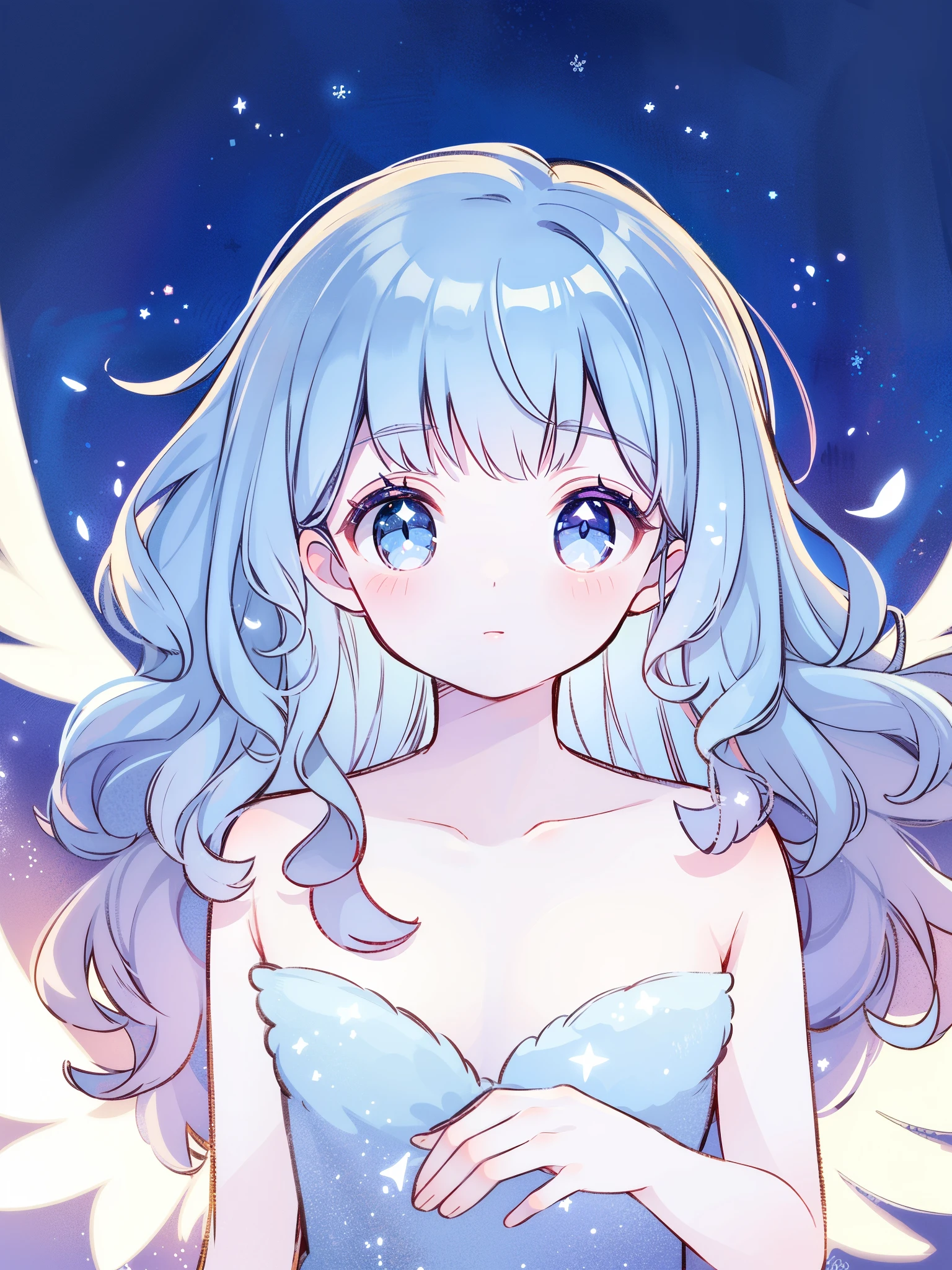 nude angel girl wearing an ethereal translucent dress, pale skin, ((blue mint wavy hair)), white feathers, angel wings, sparkling detailed eyes, golden ratio face, perfect composition, highly detailed, ethereal, (starry night sky background), midjourney style