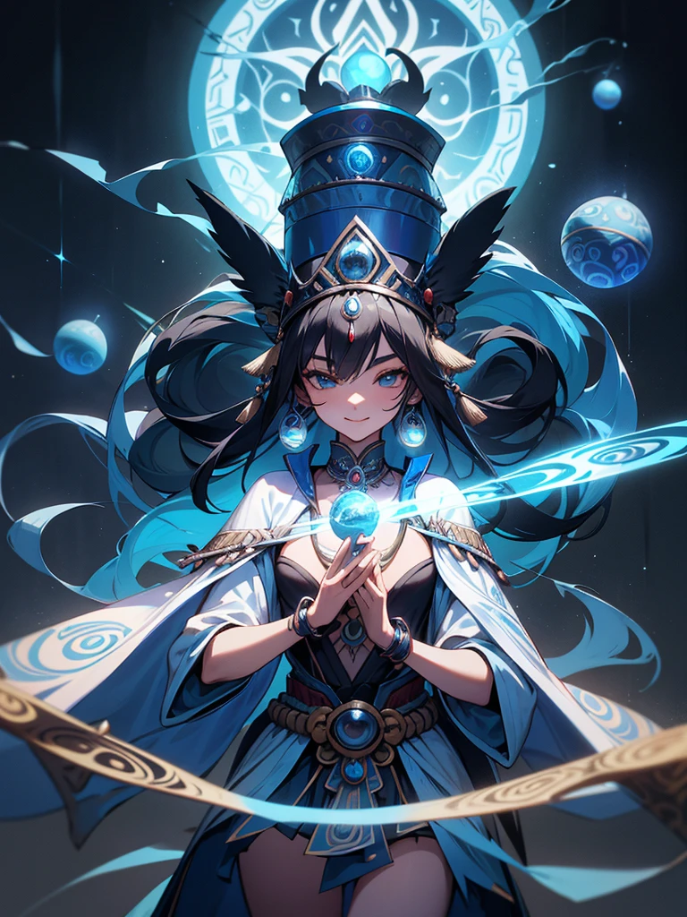 1 woman. Beautiful young woman. 25 years old. Beautiful Indonesian tribe queen. White skin. Powerful shaman. Indonesian Hogwarts. Shaman professor. shaman tribe hat. Black hair. Blue sexy transparent shaman suit no pants. No bra. No underwear. Blue shaman cloak. Flat chest. Holding the blue orbz. Blue Sapphire large necklace. Blue shaman room. Beautiful face. Standing pose. Shaman statue. Blue temple. Shamanic logo on the wall. Smile.