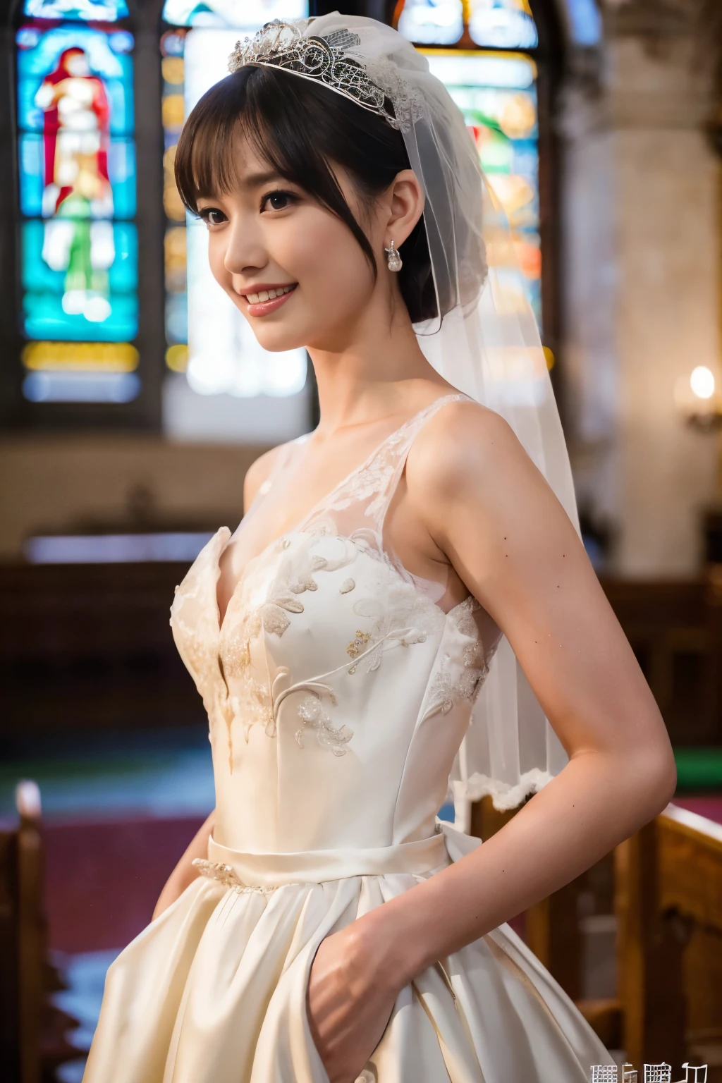 ((Tabletop:1.4, Highest quality)), (Realistic photos:1.4),
((1 Girl)), (Super Beauty), (Princess),
(超High resolution:1.2), Very delicate and beautiful, wonderful, Very detailed CG Unity 8k 壁紙, Very detailed, High resolution,
Soft Light, Beautiful detailed girl, Very detailed目と顔, Beautiful and detailed nose, Beautiful and detailed,
(Wearing a wedding dress:1.3),
Cinema Lighting, Perfect Anatomy, Slender body, , (Parted bangs),
(Inside the church:1.3), (ステンドグラスの光がInside the churchに当たっている), (Striking a seductive pose:1.3)
, Looking at the audience, smile