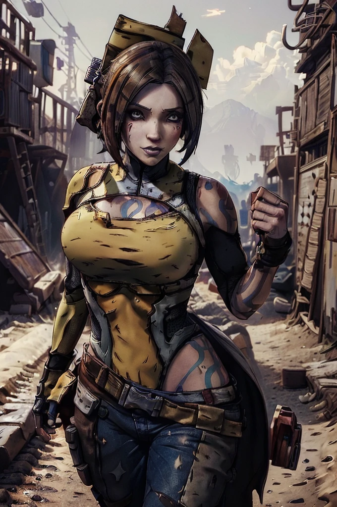 (((Masterpiece))), (((Best Quality: 1.4))), ((Super Detail: 1.4)) , Female, bandit (borderlands), standing, full breast, 4K, 8K, perfect eyes, perfect hands,