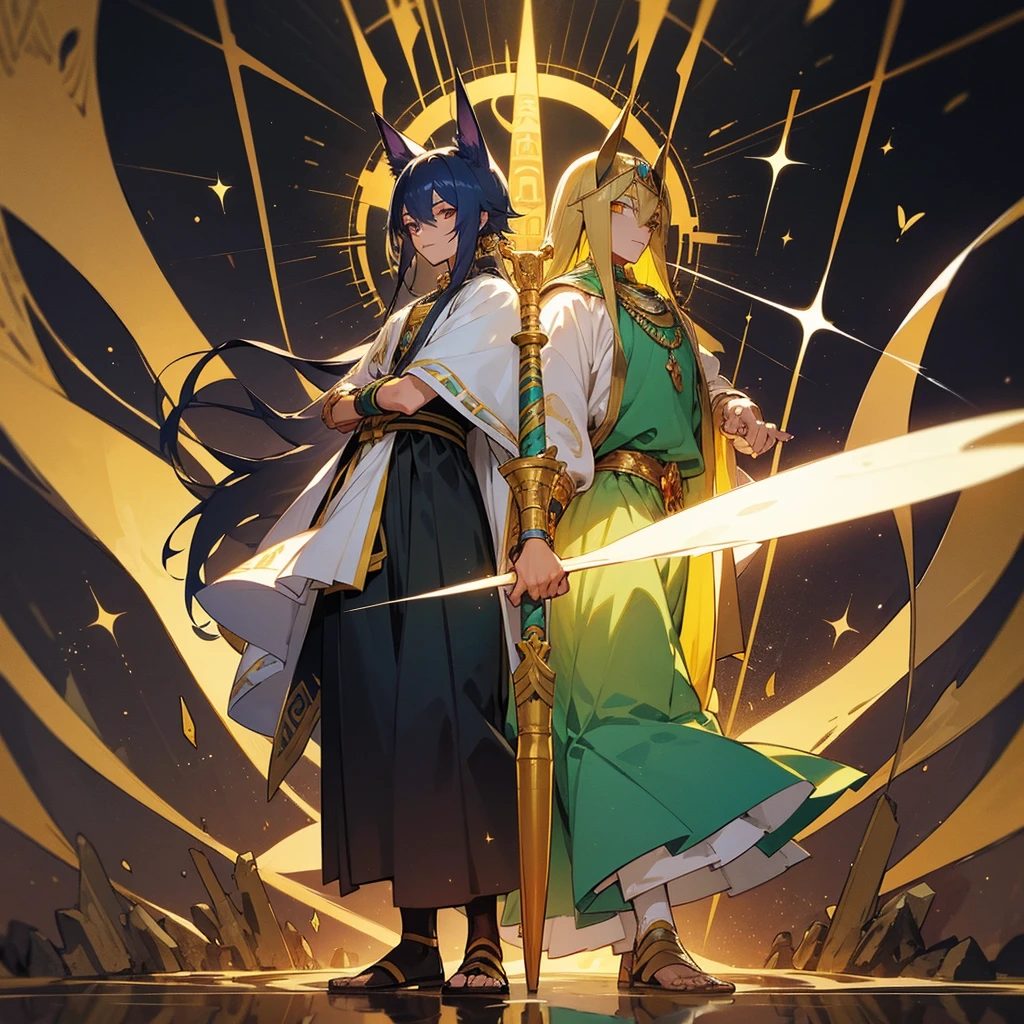 a man in costume holding a staff and a staff, the Egyptian god, photo of Anubis ghost, Egyptian god, wind Egyptian god, storm Egyptian god, God of Egypt, arte conceitual de deus, attractive male deity, Toga, Djinn Human Hybrid, slim male fantasy alchemist, beautiful male god of death, the god hermes, the god anubis, detailed arte de personagem de anime, anime character design, anime concept art, Anime goddess, egyptian clothes,