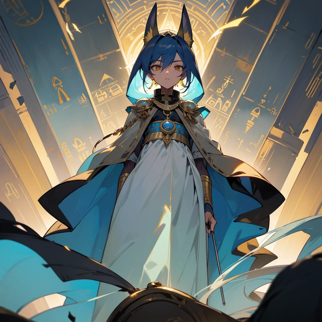 a man in costume holding a staff and a staff, the Egyptian god, photo of Anubis ghost, Egyptian god, wind Egyptian god, storm Egyptian god, God of Egypt, arte conceitual de deus, attractive male deity, Toga, Djinn Human Hybrid, slim male fantasy alchemist, beautiful male god of death, the god hermes, the god anubis, detailed arte de personagem de anime, anime character design, anime concept art, Anime goddess, egyptian clothes,