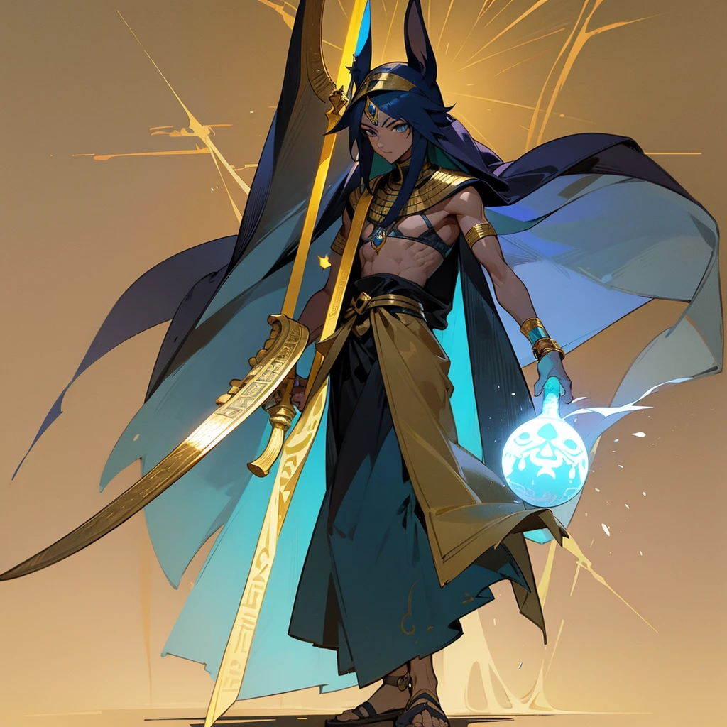 a man in costume holding a staff and a staff, the Egyptian god, photo of Anubis ghost, Egyptian god, wind Egyptian god, storm Egyptian god, God of Egypt, arte conceitual de deus, attractive male deity, Toga, Djinn Human Hybrid, slim male fantasy alchemist, beautiful male god of death, the god hermes, the god anubis, detailed arte de personagem de anime, anime character design, anime concept art, Anime goddess, egyptian clothes,