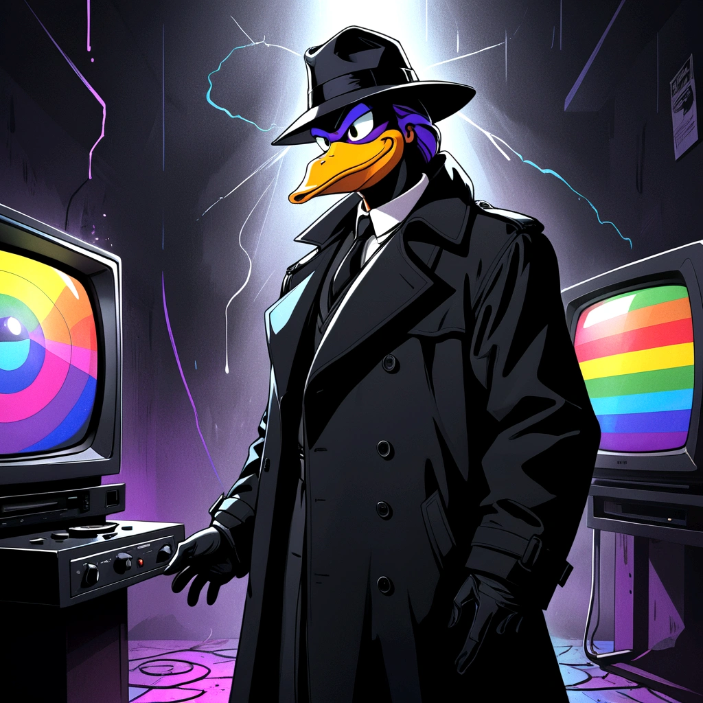 VHS, glitch, distorted, nostalgia, 90's retro vibes, analog tape, vcr aesthetics, tv, television, hand drawn, (full roygbiv color) ink charcoal expressive illustration, no light source, darkness, light mask uv rays across face, splash page, cinematic, darkwing duck wearing black trenchcoat, abyss black void coat, shades of darkness, no light source, hand drawn, animated, rotoscope, consuming insatiable darkness black trenchcoat
