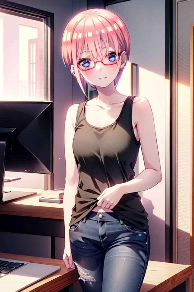 ichikanakano, Nakano Ichika, short hair, bangs, blue eyes, Hair between the eyes, Pink Hair, Grin,smile,Glasses,black tank top shirt,Skinny jeans,Stiletto heels,interior,There is a computer on the table,whole bodyがイラストに入るように,Walking,Daytime,Clear skies,
break indoors, office,
break looking at viewer,whole body,
break (masterpiece:1.2), Highest quality, High resolution, unity 8k wallpaper, (figure:0.8), (Beautiful attention to detail:1.6), Highly detailed face, Perfect lighting, Highly detailed CG, (Perfect hands, Perfect Anatomy),