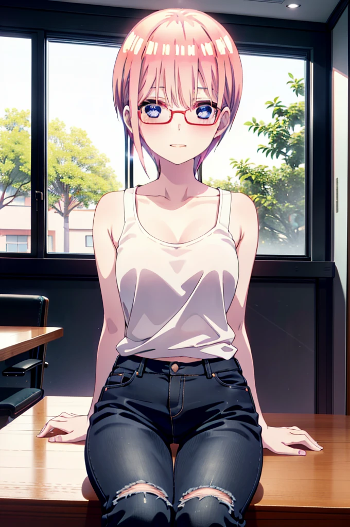 ichikanakano, Nakano Ichika, short hair, bangs, blue eyes, Hair between the eyes, Pink Hair, Grin,smile,Glasses,black tank top shirt,Skinny jeans,Stiletto heels,interior,There is a computer on the table,whole bodyがイラストに入るように,Walking,Daytime,Clear skies,
break indoors, office,
break looking at viewer,whole body,
break (masterpiece:1.2), Highest quality, High resolution, unity 8k wallpaper, (figure:0.8), (Beautiful attention to detail:1.6), Highly detailed face, Perfect lighting, Highly detailed CG, (Perfect hands, Perfect Anatomy),