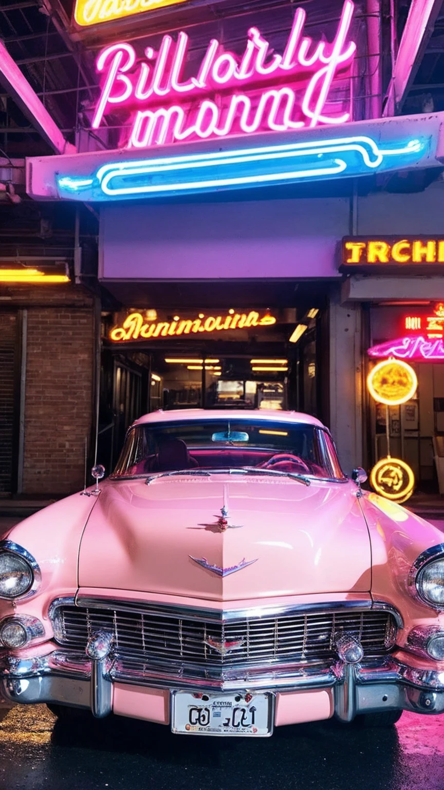 completion, Angled photo of a bright pink 1955 Cadillac Eldorado convertible with shiny polished metal, The painting reflects everything around it, Cyberpunk Style, Surrounded by colorful neon lights, Ferris wheel, Golden Wheel, gold details, Woman driving wearing sunglasses, Neon on car paint, Reflective paint that reflects everything around you, Detailed headlights, 非常にDetailed headlights, As detailed as possible, Hyper Real、As realistic as possible, Better Quality, Kuru, First Job, Super detailed photos, Better Quality, Ultra-high resolution, Realistic, Sun light, Framing the entire car in the photo, Very beautiful,, Dynamic pose
