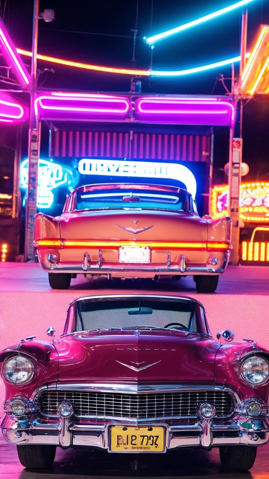 completion, Angled photo of a bright pink 1955 Cadillac Eldorado convertible with shiny polished metal, The painting reflects everything around it, Cyberpunk Style, Surrounded by colorful neon lights, Ferris wheel, Golden Wheel, gold details, Woman driving wearing sunglasses, Neon on car paint, Reflective paint that reflects everything around you, Detailed headlights, 非常にDetailed headlights, As detailed as possible, Hyper Real、As realistic as possible, Better Quality, Kuru, First Job, Super detailed photos, Better Quality, Ultra-high resolution, Realistic, Sun light, Framing the entire car in the photo, Very beautiful,, Dynamic pose