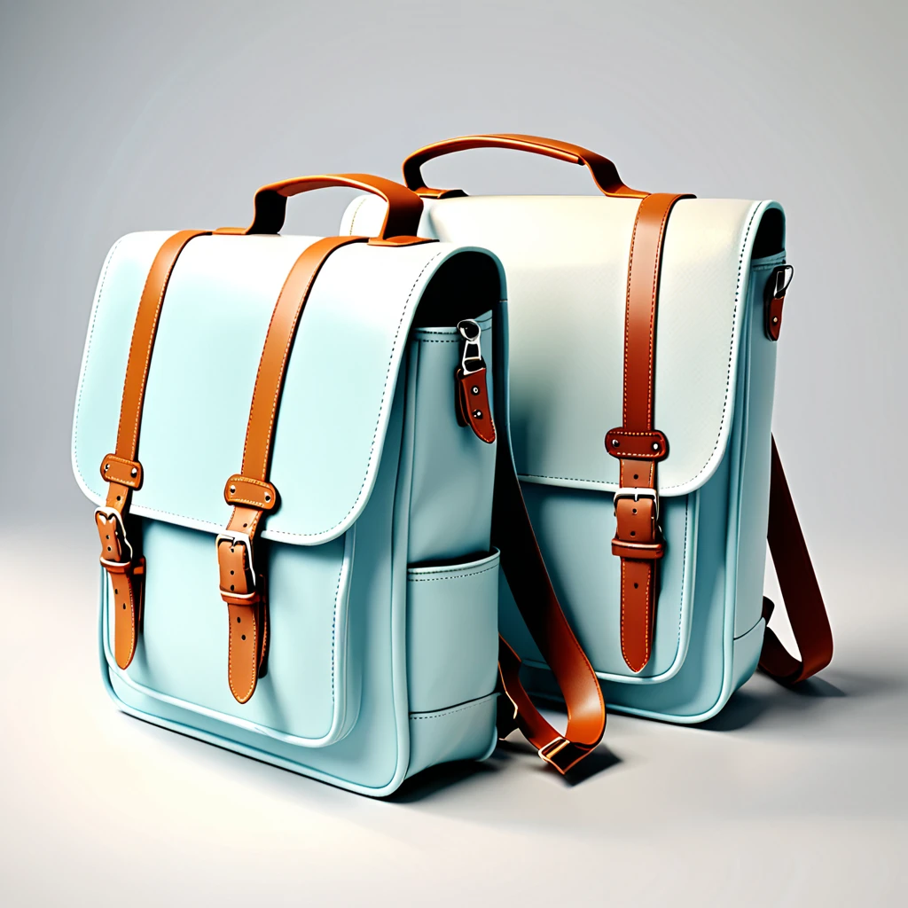 on retro school bags, on white background, high-angle photo, soft light, 3d render, wide angle shooting, raw