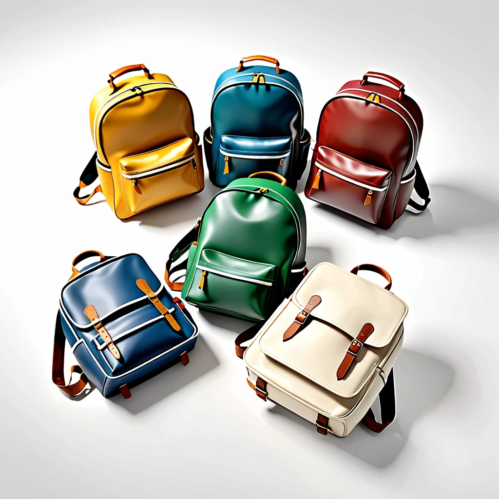 on retro school bags, on white background, high-angle photo, soft light, 3d render, wide angle shooting, raw