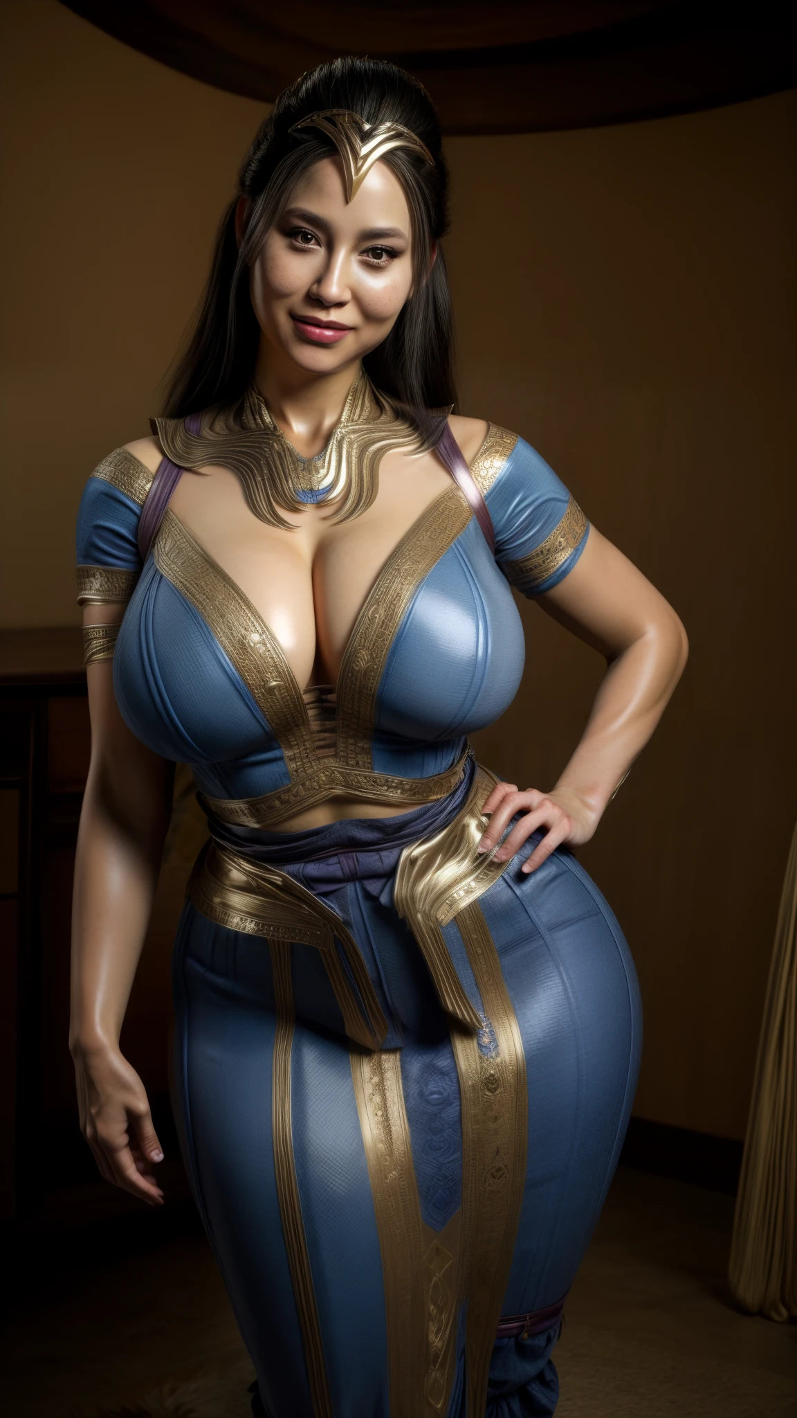 KitanaMK1, black hair, brown eyes, lips, jewelry, blue dress, cleavage, looking at viewer, royal garden. morning,
 standing, smile toned, (insanely detailed, beautiful detailed face, masterpiece, best quality), Large breasts, thick thighs, curvy hips, muscular body 