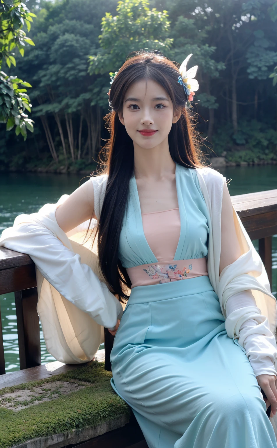 best quality, masterpiece, ultra high resolution, photo realistic, realistic, RAW photo, (Very Tasty and beautiful), dynamic, floating, (beautiful), (Light of detail) 1 beautiful女優の女の子, (happy smile), pointed, Long Hair, water, alone, Fairy, sit down, half, Gray Hair, Lock, Green Eyes,  jewelry, Audience, feather, leaf, nature, (sunlight), river, (forest), (Painting), (sketch), (flower), (Portraiture: 1.2), (butterfly: 1.2), (Tindale effect), Unclear, Hanfu, Long skirt,