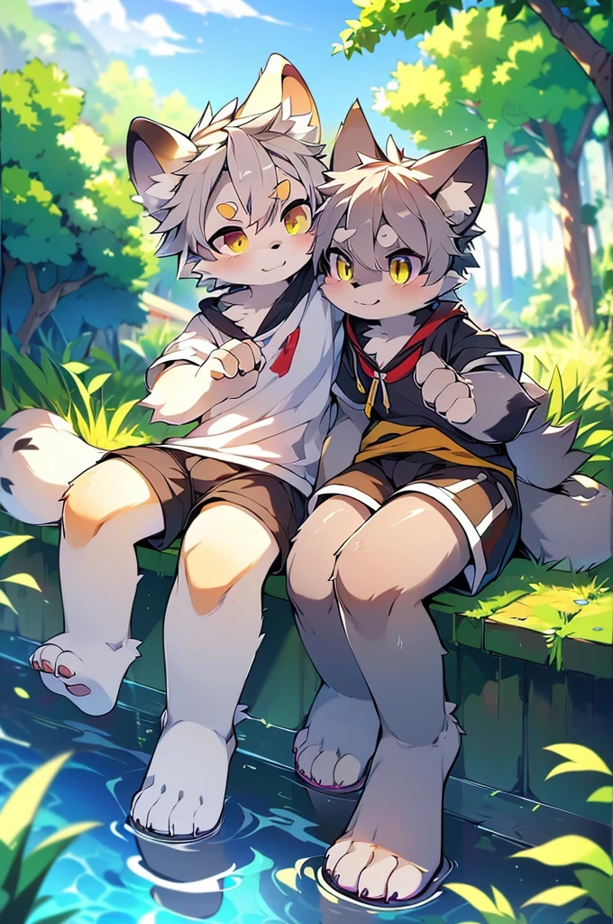 (Dagashi: 1.1), break, masterpiece, High resolution, 8K, Detailed Background, high quality, break, break, ((ライトブルーのfur, Gray Hair, black sclera, Yellow Eyes, fluffy, 細かいfur)) fur, break, male, humanoid, Shorts, Swim trunks