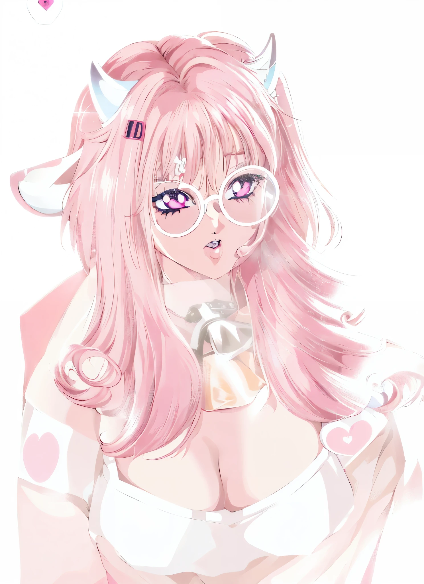 anime girl with pink hair and white glasses posing for a picture, imvu, pink girl, pink skin, kawaii aesthetic, kawaii, e-girl, pink cow ears with pink bows, white fuzzy jacket with pink spots, pink heart eyes, pink choker with cowbell, cheek piercings, high quality, 8k