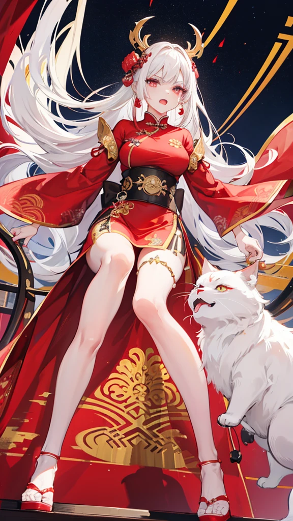 A female empress, white-haired, with intense golden eyes, red nails, with notable physical characteristics, mostrando os peitos, legs open showing pussy, with an angry face and a provocative look, with open mouth showing tongue. Wearing traditional Chinese imperial clothing decorated in gold with black details, with red Hanafuda earrings, with a short red skirt. Standing on a balcony of a Chinese castle with a sunset and flags in the background.