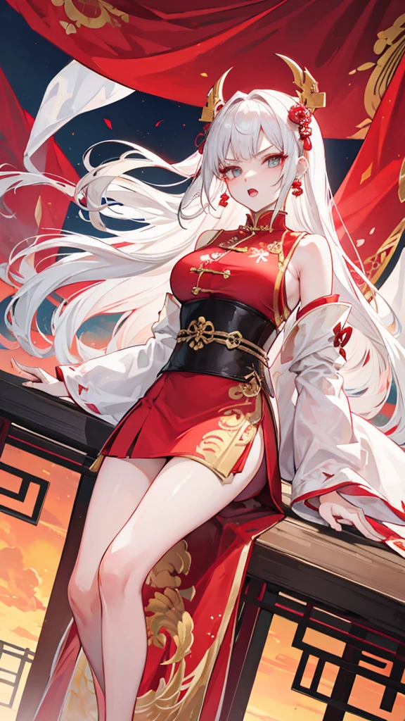 A female empress, white-haired, with intense golden eyes, red nails, with notable physical characteristics, mostrando os peitos, legs open showing pussy, with an angry face and a provocative look, with open mouth showing tongue. Wearing traditional Chinese imperial clothing decorated in gold with black details, with red Hanafuda earrings, with a short red skirt. Standing on a balcony of a Chinese castle with a sunset and flags in the background.