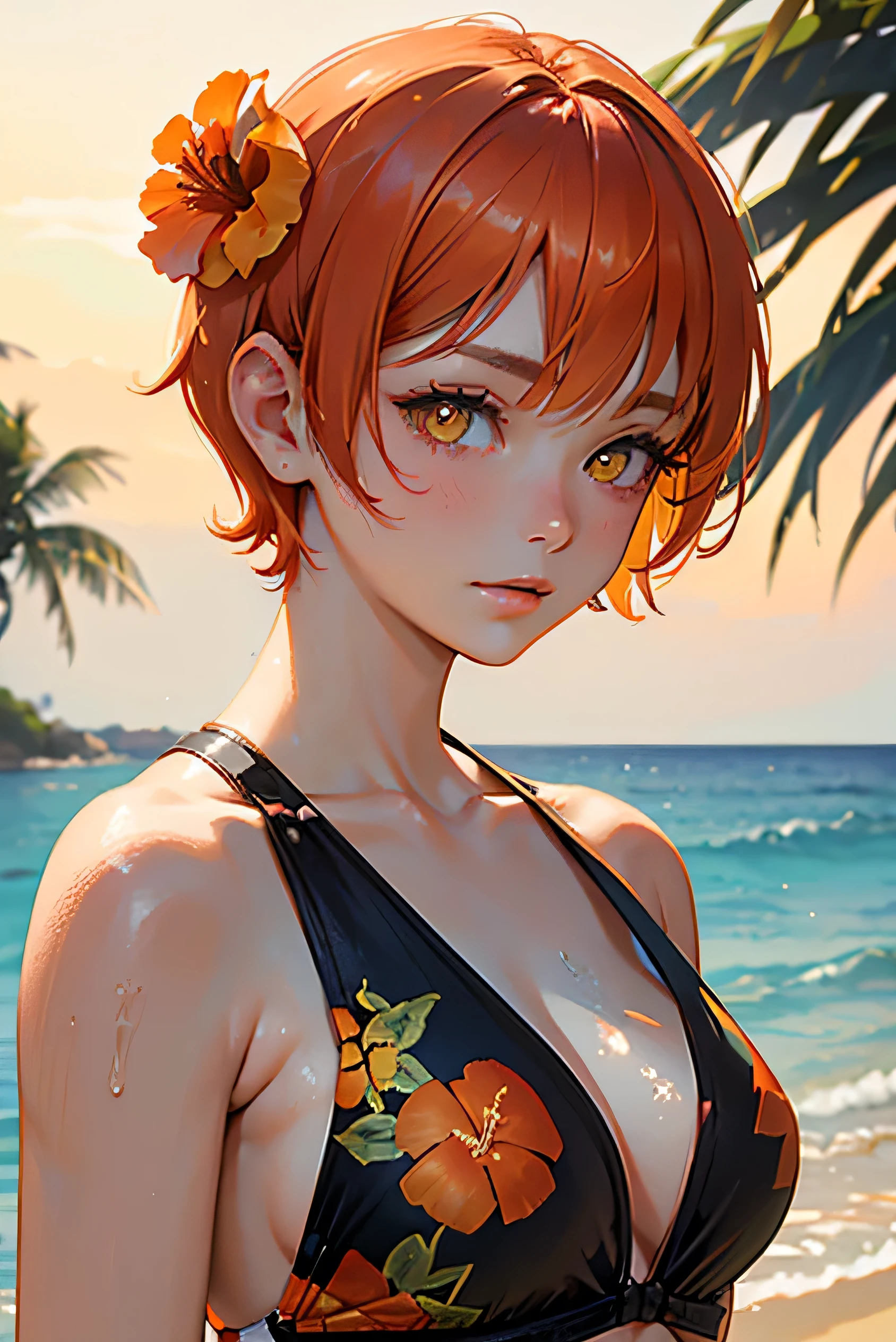 A lovely adult woman wearing a hibiscus-patterned swimsuit、1 person、((Orange short hair))(Yellow Eyes)、Hawaii Background、Face close-up
