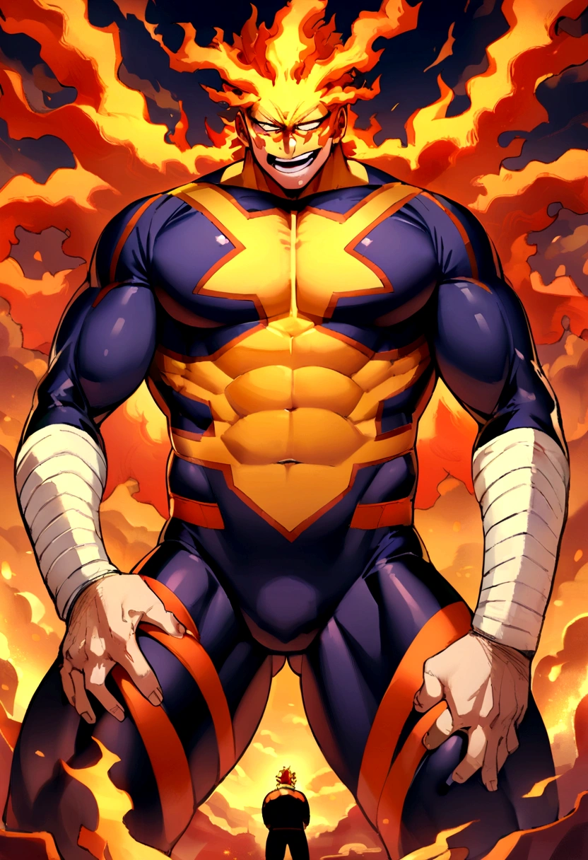Endeavor, my hero academia, from front, super fine, bodysuits, middle-aged man, hunk, looking down and mouth wide open with shocked face, groin grabbed, groin squeezed,