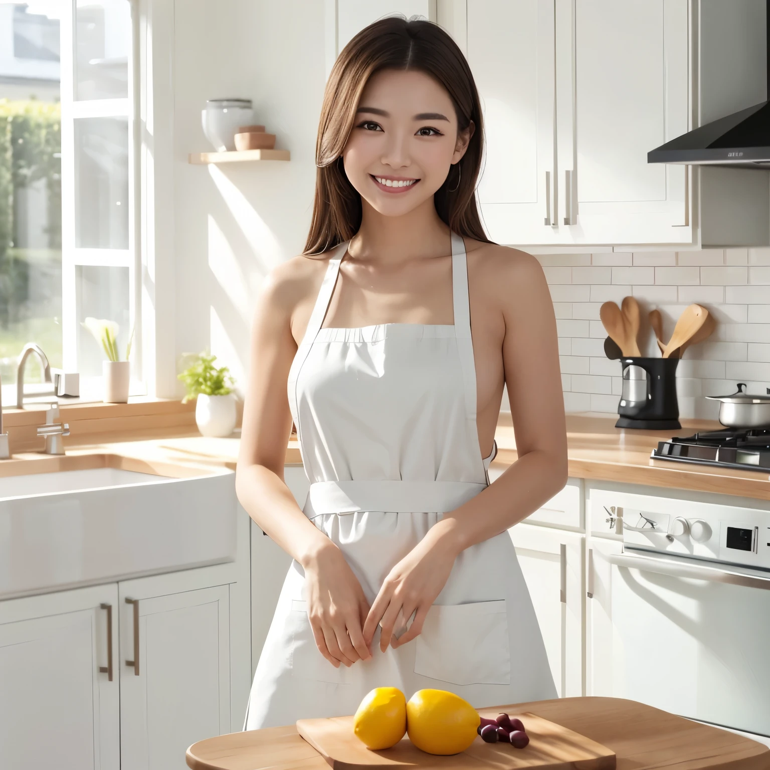 (table top、highest quality、8K、Award-winning work、ultra high resolution)、one beautiful woman、(wearing the most natural and perfect apron:1.1)、(naked apron:1.2)、(Look at me with your best smile:1.1)、(Show your beautiful teeth and have the best smile:1.1)、perfect beautiful teeth、emphasize body line、(bust up photo:1.1)、(upper body photo:1.2)、(big breasts:1.1)、(The most natural and practical kitchen:1.1)、(Perfectly organized and clean kitchen:1.1)、(modern and elegant kitchen:1.1)、(Perfect kitchen with state-of-the-art induction:1.1)、(Beautiful modern kitchen with a unified feel:1.1)、(very bright:1.2)、(Very bright and glowing skin:1.1)、It&#39;s very vivid、the most vivid、High chroma、radiant beautiful skin、A refreshing and beautiful perfect window、ultra high resolutionのperfect beautiful teeth、(Ultra high definition glossy skin:1.1)、(very brightly lit、明るい and glowing skin:1.2)、Super high-definition sparkling eyes、(accurate anatomy:1.1)、(the most elegant and perfect posture:1.1)、short hair